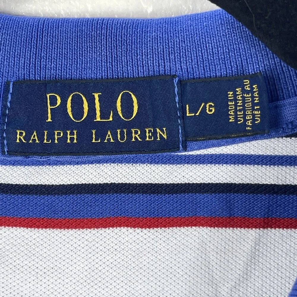 Polo Ralph Lauren Shirt Mens Large Blue White Striped Short Sleeve Top‎ Cotton